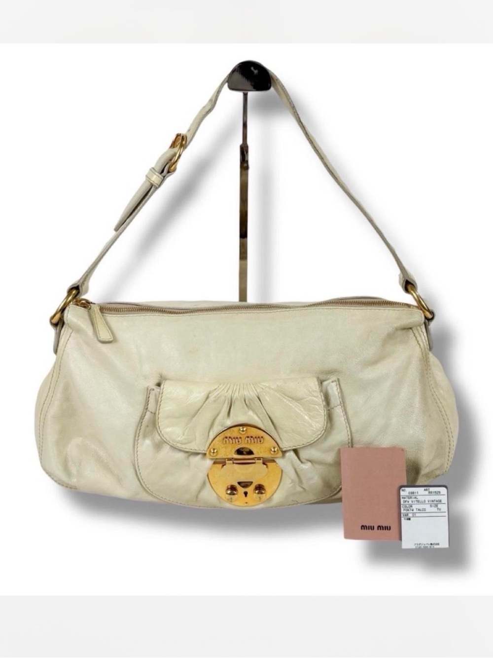 Miu Miu Cream Leather Shoulder Bag with Gold Hardware Lock